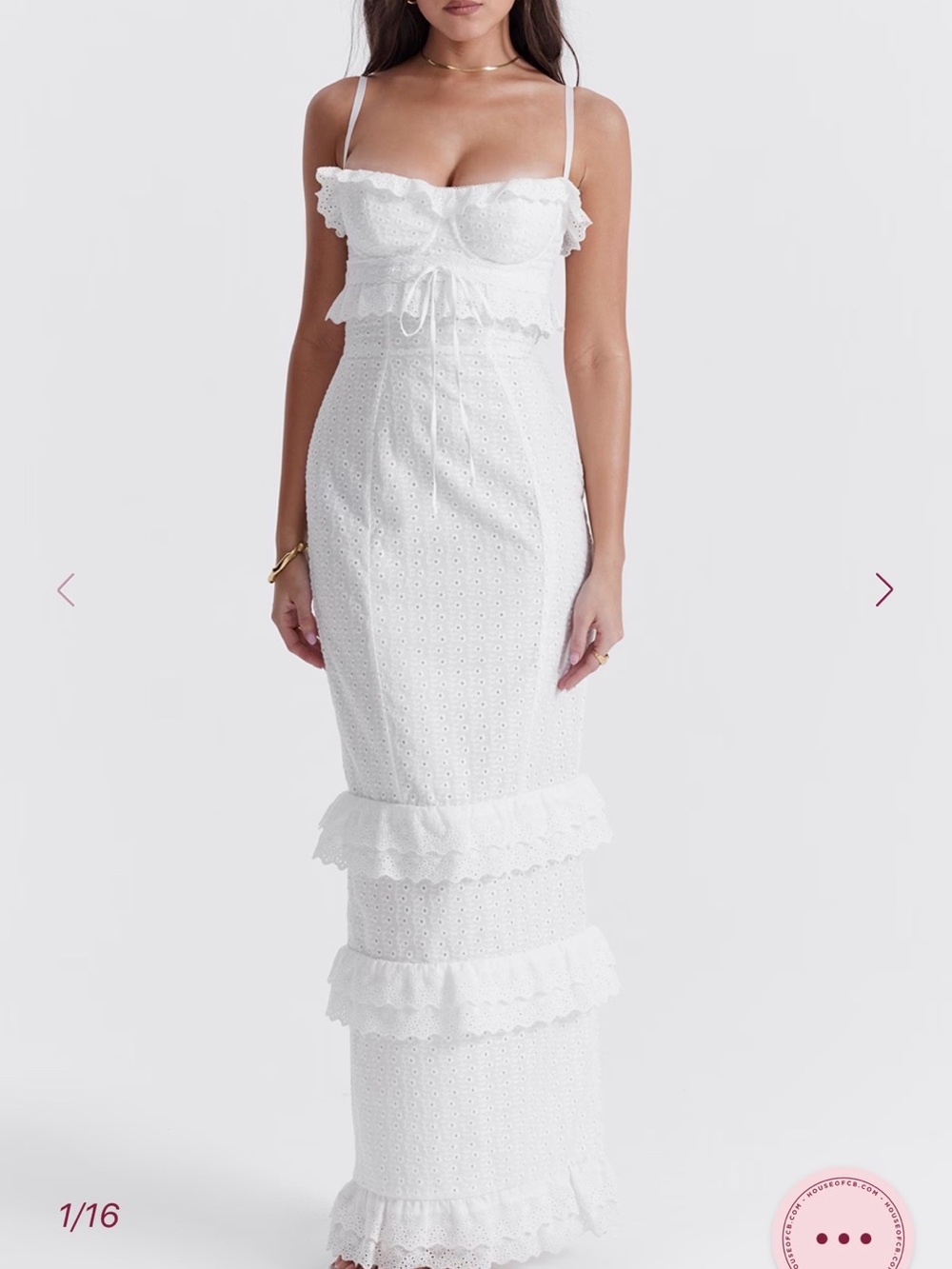 House of CB White Eyelet Ruffle Spaghetti Strap Midi Dress